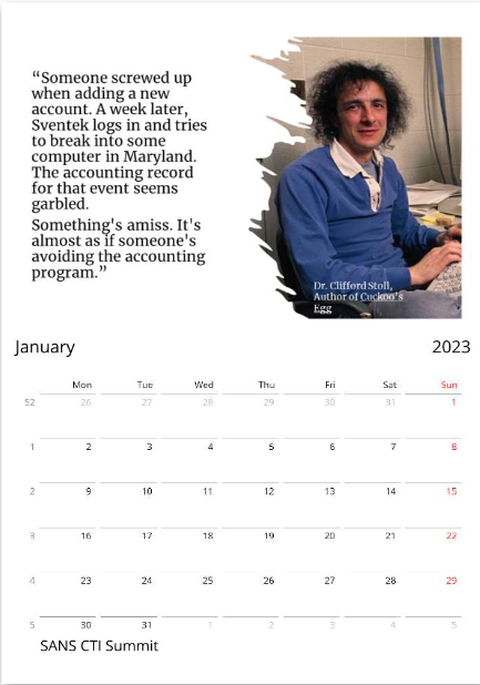 (US & CA) Remembering Cuckoo's Egg 2023 Calendar with Cybersecurity Dates
