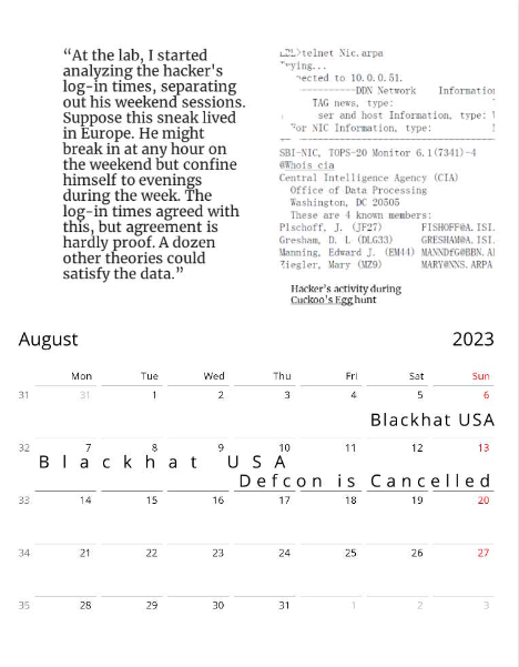 (US & CA) Remembering Cuckoo's Egg 2023 Calendar with Cybersecurity Dates